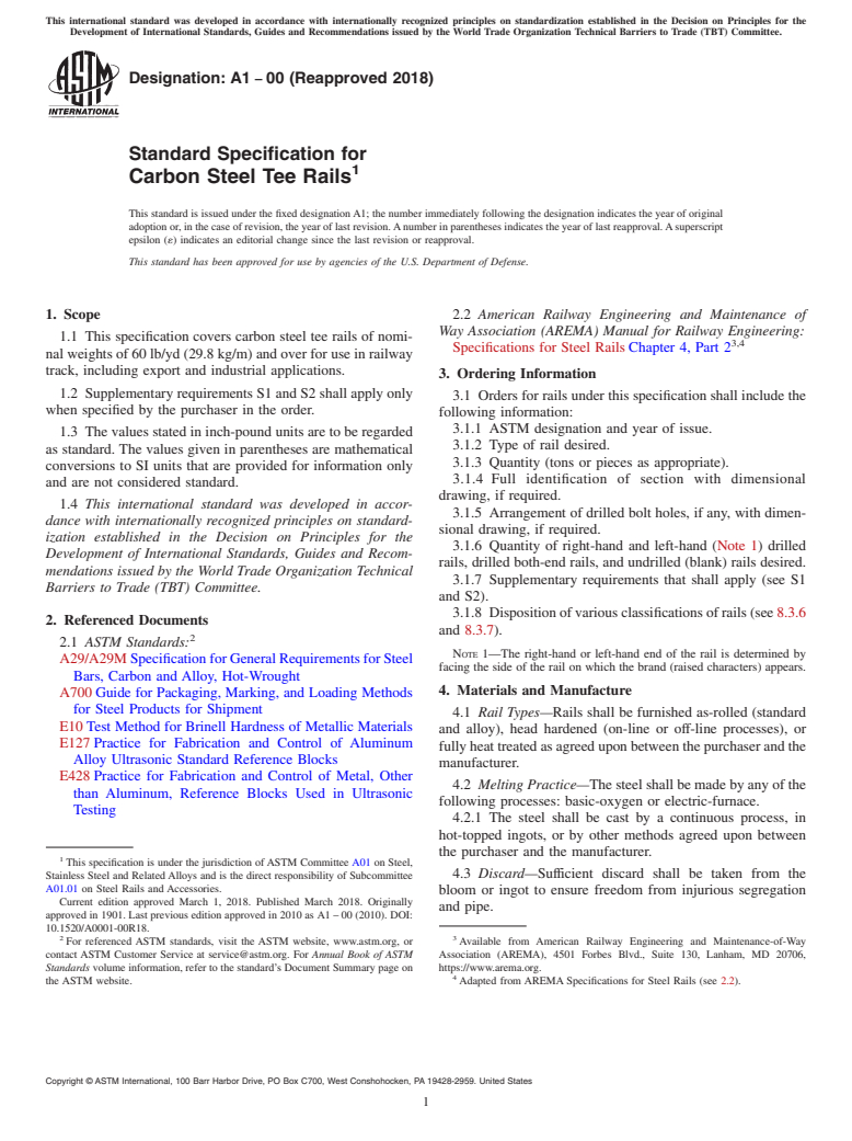 ASTM A1-00(2018) - Standard Specification for  Carbon Steel Tee Rails