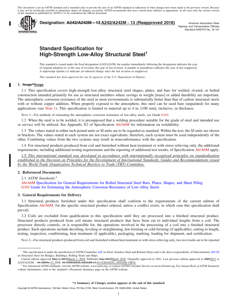 REDLINE ASTM A242/A242M-13(2018) - Standard Specification for  High-Strength Low-Alloy Structural Steel