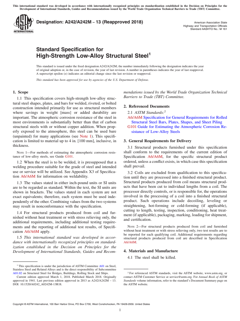 ASTM A242/A242M-13(2018) - Standard Specification for  High-Strength Low-Alloy Structural Steel