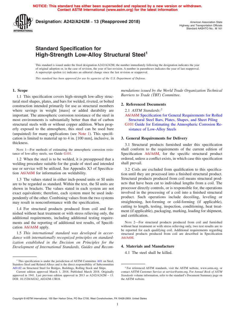 ASTM A242/A242M-13(2018) - Standard Specification for  High-Strength Low-Alloy Structural Steel