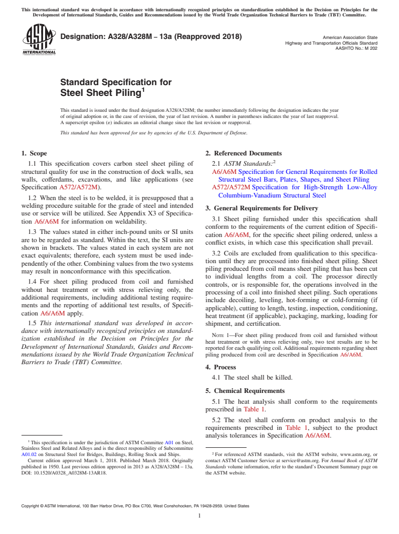 ASTM A328/A328M-13a(2018) - Standard Specification for  Steel Sheet Piling
