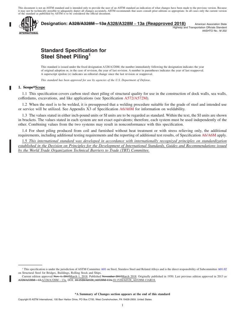 REDLINE ASTM A328/A328M-13a(2018) - Standard Specification for  Steel Sheet Piling