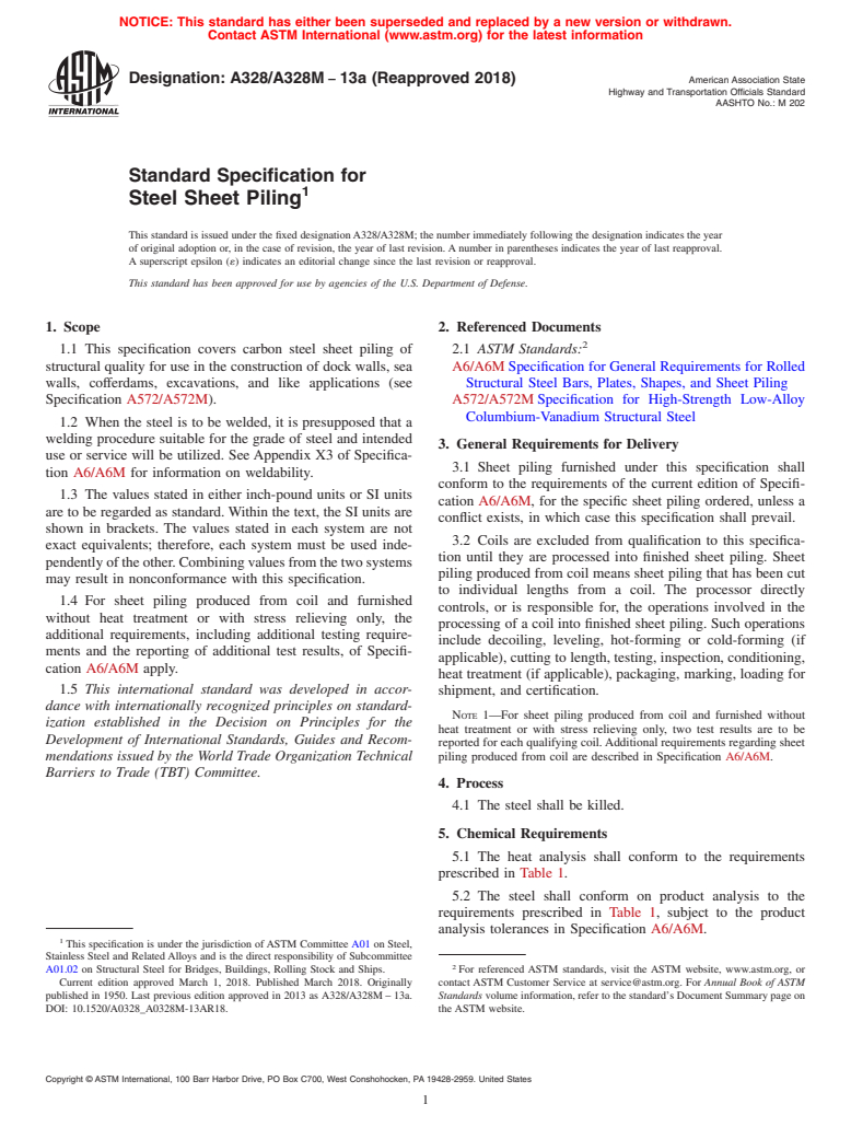 ASTM A328/A328M-13a(2018) - Standard Specification for  Steel Sheet Piling