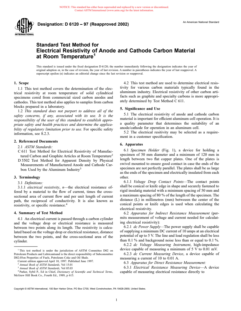 ASTM D6120-97(2002) - Standard Test Method for Electrical Resistivity of Anode and Cathode Carbon Material at Room Temperature