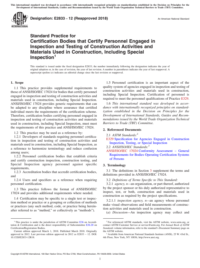 ASTM E2833-12(2018) - Standard Practice for  Certification Bodies that Certify Personnel Engaged in Inspection  and Testing of Construction Activities and Materials Used in Construction,  Including Special Inspection