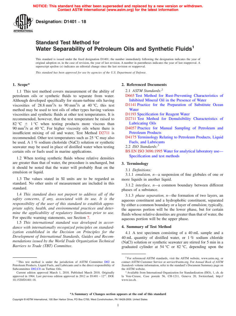ASTM D1401-18 - Standard Test Method for  Water Separability of Petroleum Oils and Synthetic Fluids