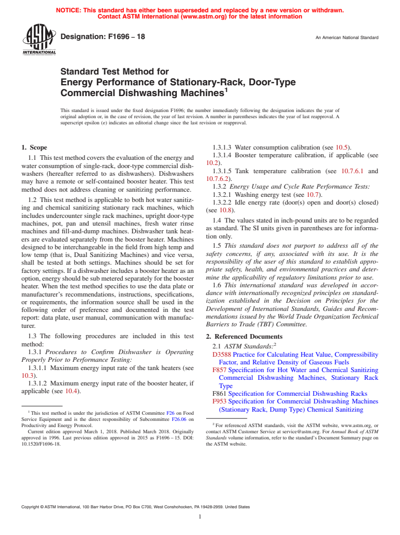 ASTM F1696-18 - Standard Test Method for Energy Performance of Stationary-Rack, Door-Type Commercial  Dishwashing Machines