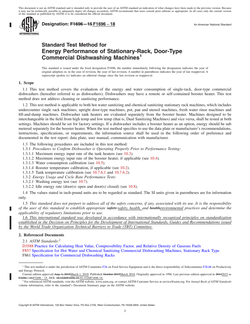 REDLINE ASTM F1696-18 - Standard Test Method for Energy Performance of Stationary-Rack, Door-Type Commercial  Dishwashing Machines