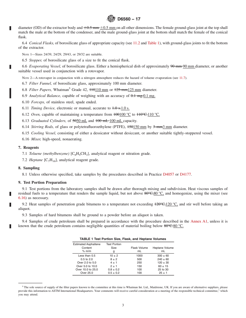 REDLINE ASTM D6560-17 - Standard Test Method for  Determination of Asphaltenes (Heptane Insolubles) in Crude   Petroleum and Petroleum Products