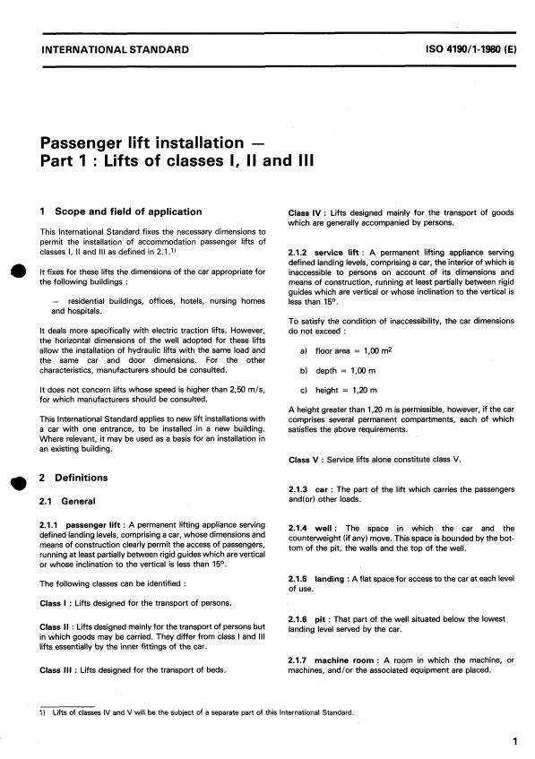 ISO 4190-1:1980 - Passenger lift installation