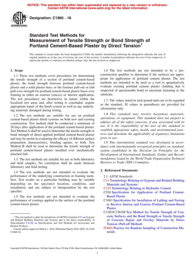 ASTM C1860-18 - Standard Test Methods for Measurement of Tensile Strength or Bond Strength of Portland  Cement-Based Plaster by Direct Tension