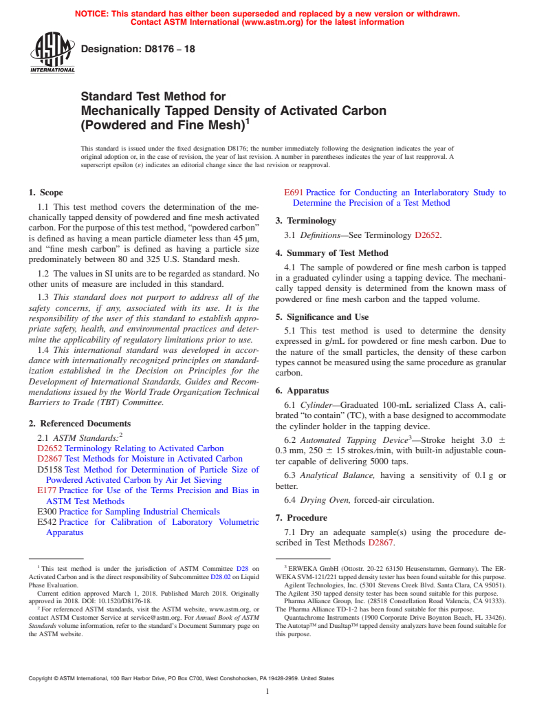 ASTM D8176-18 - Standard Test Method for Mechanically Tapped Density of Activated Carbon (Powdered and  Fine Mesh)