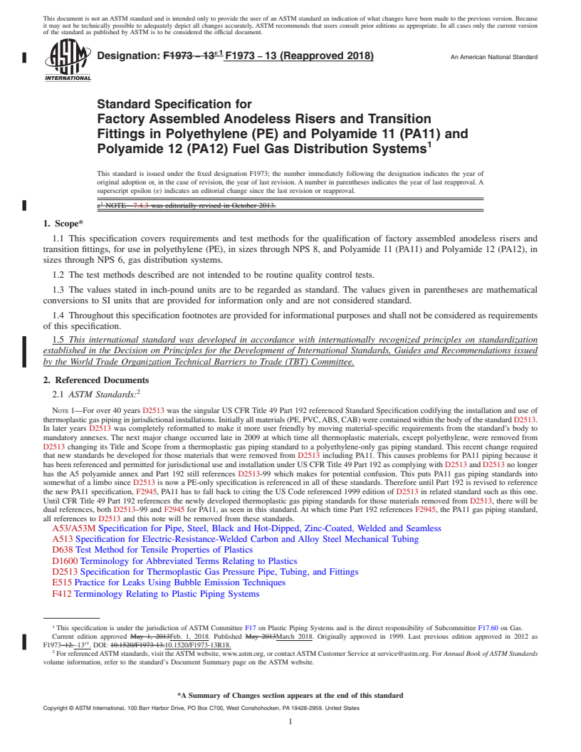 REDLINE ASTM F1973-13(2018) - Standard Specification for  Factory Assembled Anodeless Risers and Transition Fittings  in Polyethylene  (PE) and Polyamide 11 (PA11) and Polyamide 12 (PA12)  Fuel Gas Distribution Systems