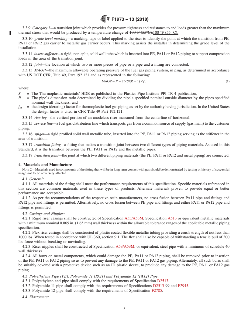 REDLINE ASTM F1973-13(2018) - Standard Specification for  Factory Assembled Anodeless Risers and Transition Fittings  in Polyethylene  (PE) and Polyamide 11 (PA11) and Polyamide 12 (PA12)  Fuel Gas Distribution Systems