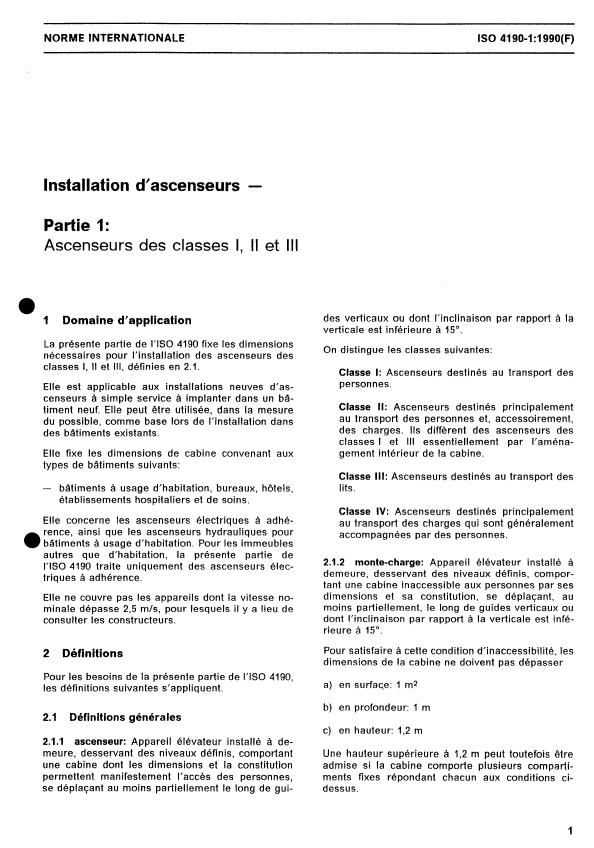 ISO 4190-1:1990 - Installation d'ascenseurs