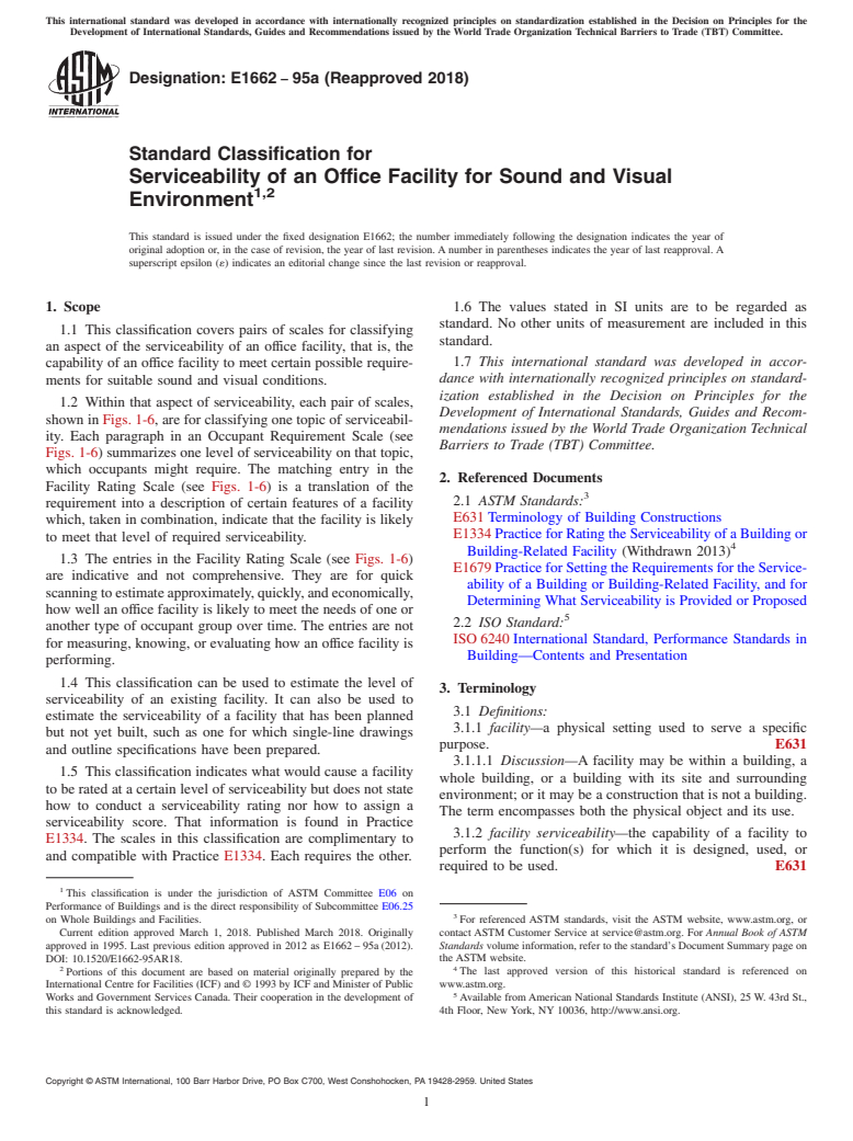 ASTM E1662-95a(2018) - Standard Classification for Serviceability of an Office Facility for Sound and Visual Environment