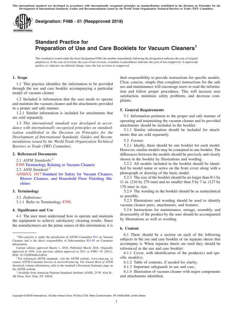 ASTM F486-01(2018) - Standard Practice for  Preparation of Use and Care Booklets for Vacuum Cleaners