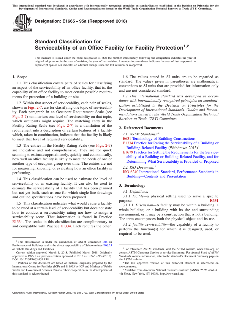 ASTM E1665-95a(2018) - Standard Classification for Serviceability of an Office Facility for Facility Protection