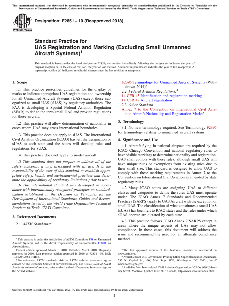 ASTM F2851-10(2018) - Standard Practice for  UAS Registration and Marking (Excluding Small Unmanned Aircraft  Systems)