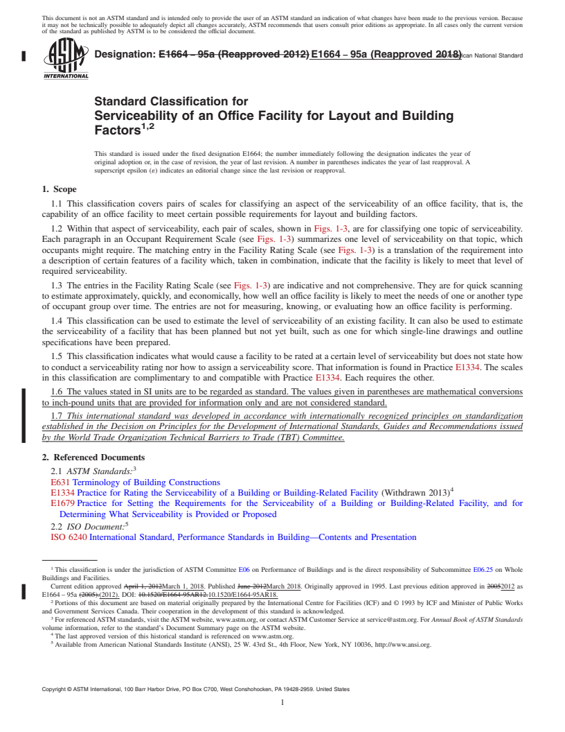 REDLINE ASTM E1664-95a(2018) - Standard Classification for Serviceability of an Office Facility for Layout and Building  Factors<rangeref></rangeref  >