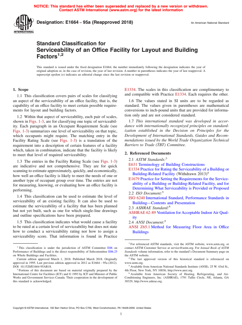 ASTM E1664-95a(2018) - Standard Classification for Serviceability of an Office Facility for Layout and Building  Factors<rangeref></rangeref  >