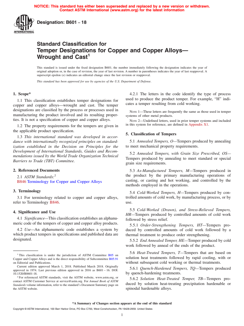ASTM B601-18 - Standard Classification for Temper Designations for Copper and Copper Alloys&#x2014;Wrought   and Cast