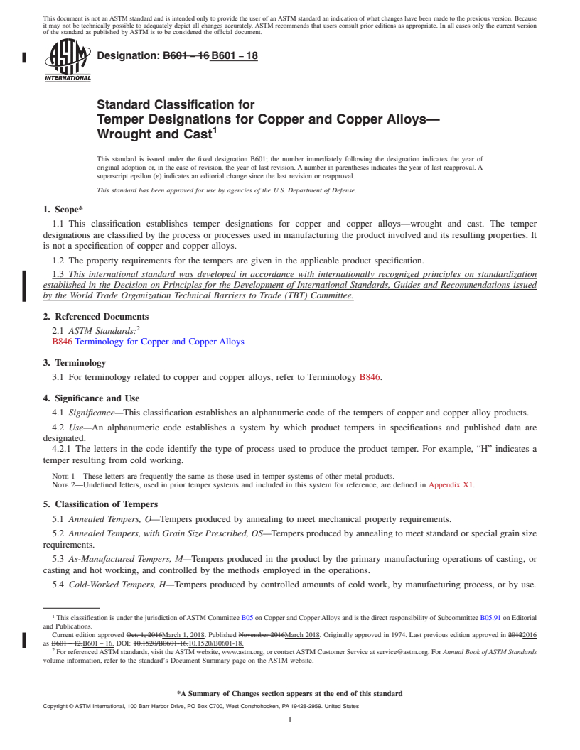REDLINE ASTM B601-18 - Standard Classification for Temper Designations for Copper and Copper Alloys&#x2014;Wrought   and Cast