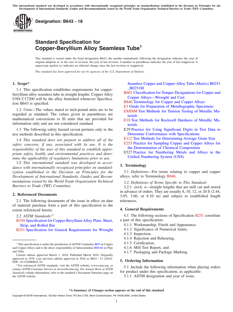 ASTM B643-18 - Standard Specification for Copper-Beryllium Alloy Seamless Tube