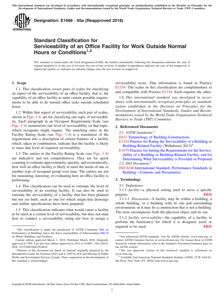 ASTM E1666-95a(2018) - Standard Classification for Serviceability of an Office Facility for Work Outside Normal  Hours or Conditions