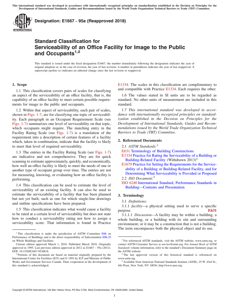 ASTM E1667-95a(2018) - Standard Classification for Serviceability of an Office Facility for Image to the Public  and Occupants