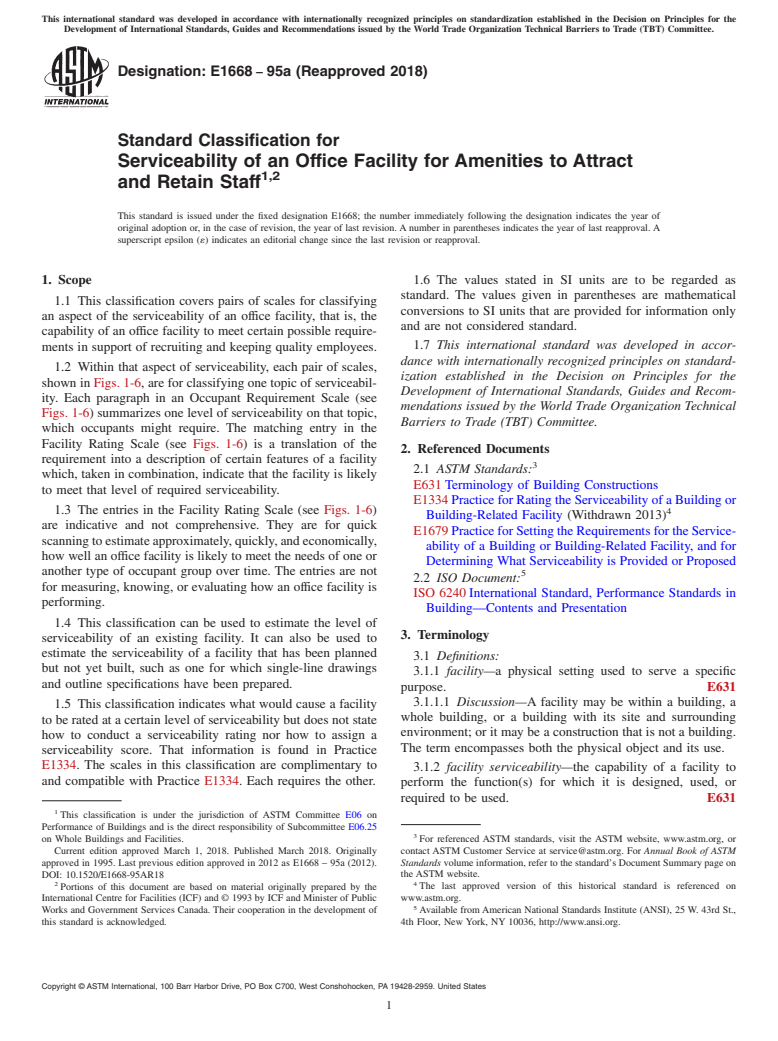 ASTM E1668-95a(2018) - Standard Classification for Serviceability of an Office Facility for Amenities to Attract  and Retain Staff