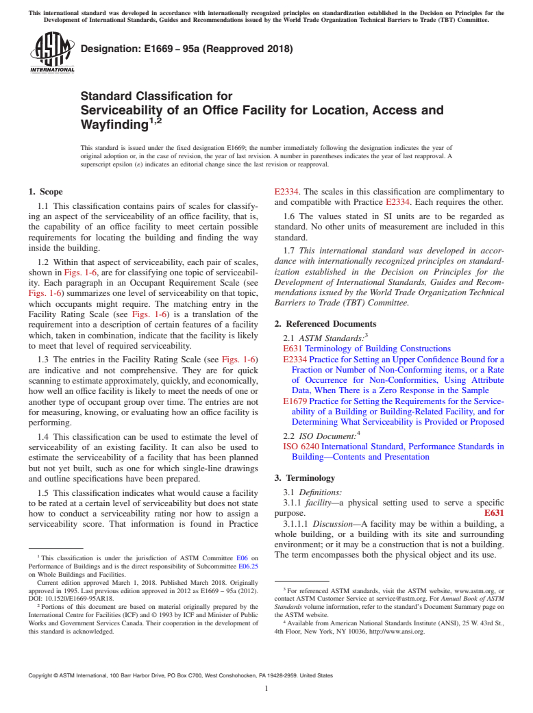 ASTM E1669-95a(2018) - Standard Classification for Serviceability of an Office Facility for Location, Access and  Wayfinding<rangeref></rangeref  >