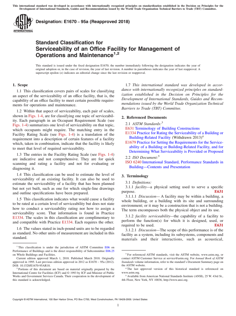 ASTM E1670-95a(2018) - Standard Classification for Serviceability of an Office Facility for Management of Operations  and Maintenance