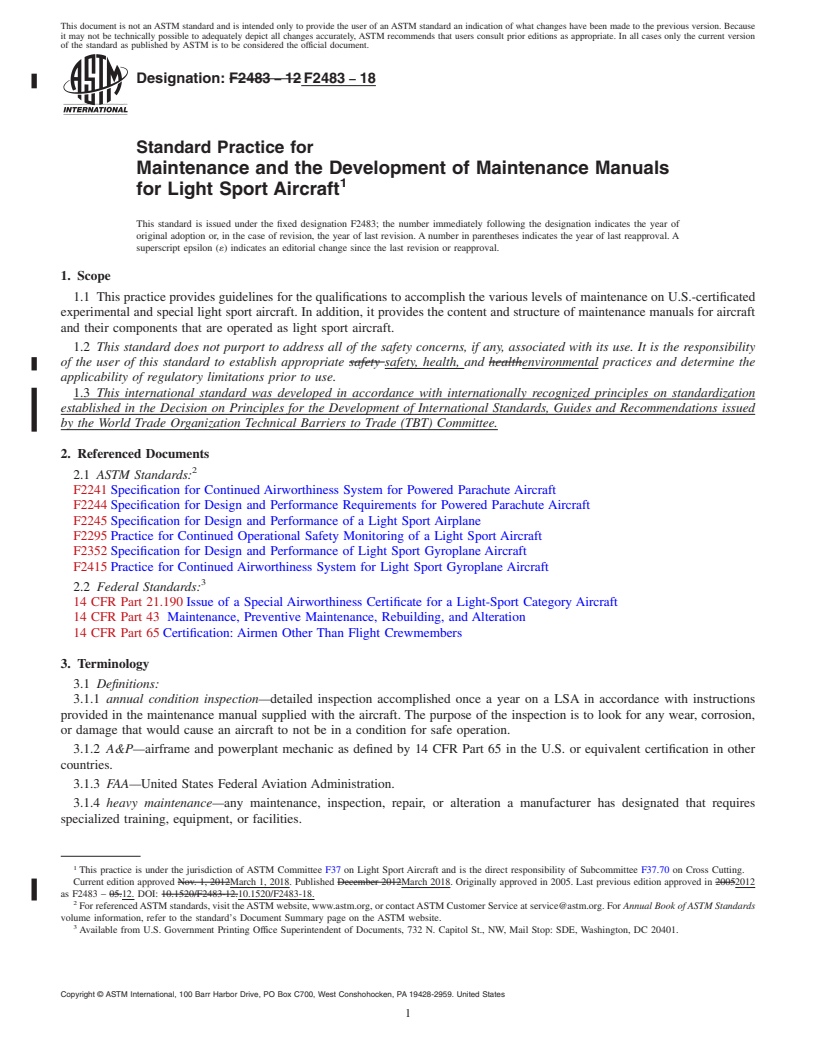 REDLINE ASTM F2483-18 - Standard Practice for  Maintenance and the Development of Maintenance Manuals for  Light Sport Aircraft