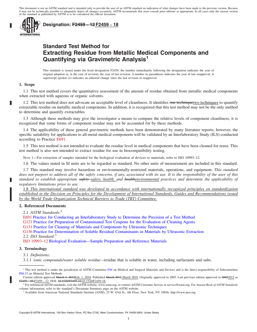 REDLINE ASTM F2459-18 - Standard Test Method for  Extracting Residue from Metallic Medical Components and Quantifying  via Gravimetric Analysis