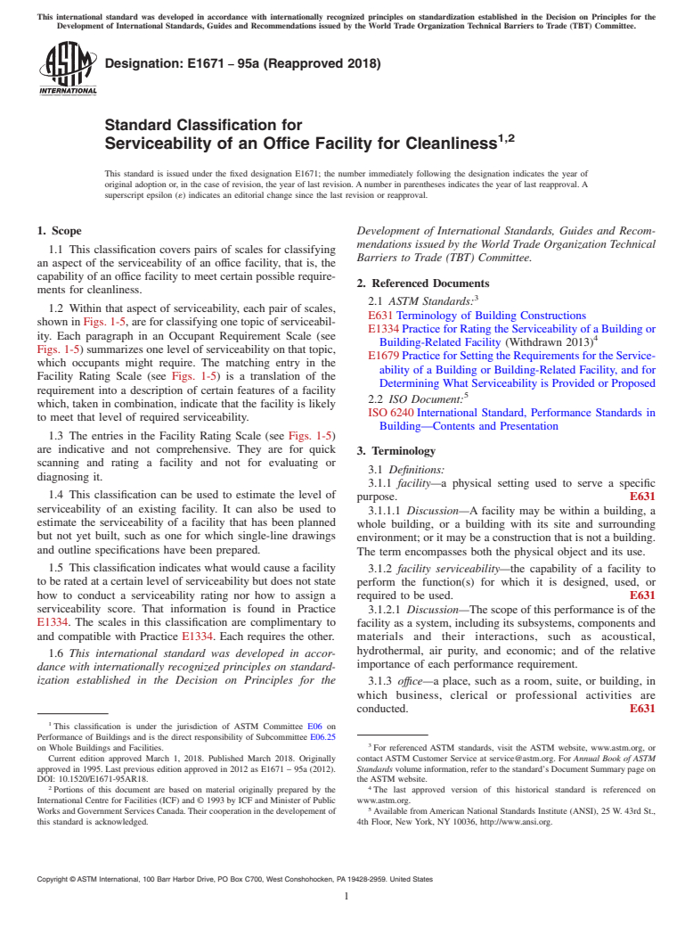 ASTM E1671-95a(2018) - Standard Classification for Serviceability of an Office Facility for Cleanliness