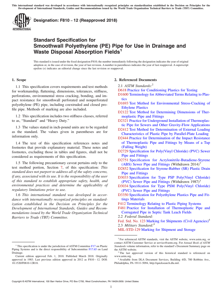 ASTM F810-12(2018) - Standard Specification for  Smoothwall Polyethylene (PE) Pipe for Use in Drainage and Waste  Disposal Absorption Fields