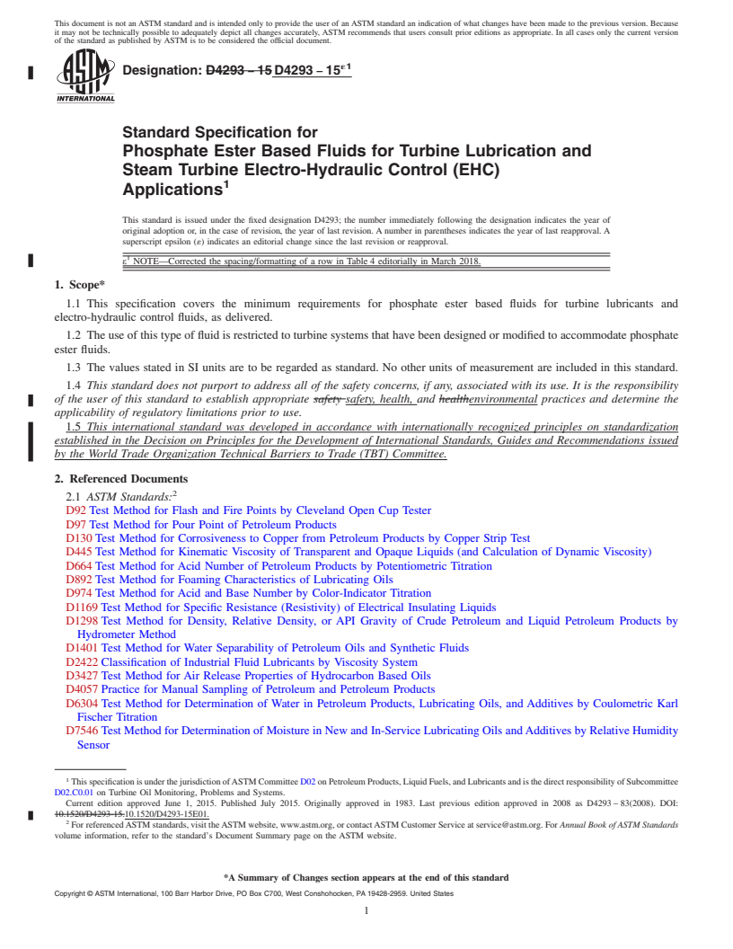 REDLINE ASTM D4293-15e1 - Standard Specification for Phosphate Ester Based Fluids for Turbine Lubrication and Steam  Turbine Electro-Hydraulic Control (EHC) Applications