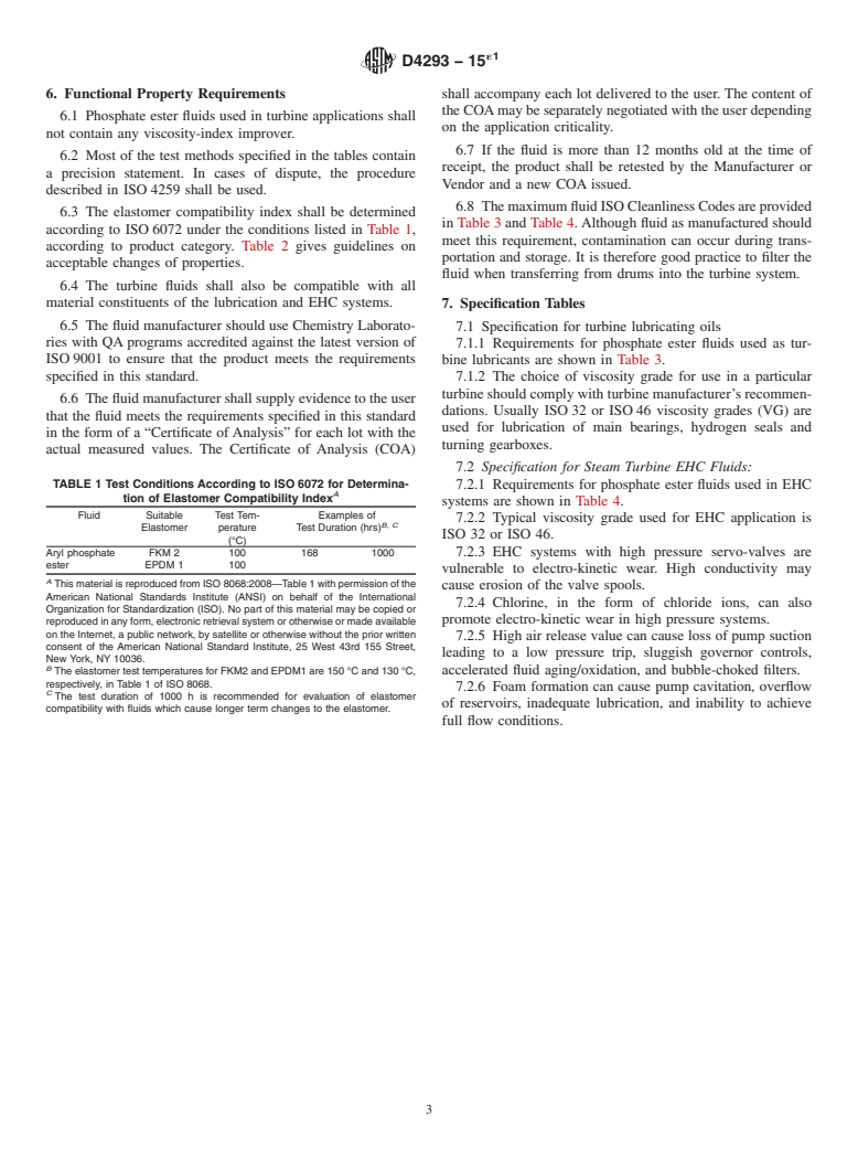 ASTM D4293-15e1 - Standard Specification for Phosphate Ester Based Fluids for Turbine Lubrication and Steam  Turbine Electro-Hydraulic Control (EHC) Applications