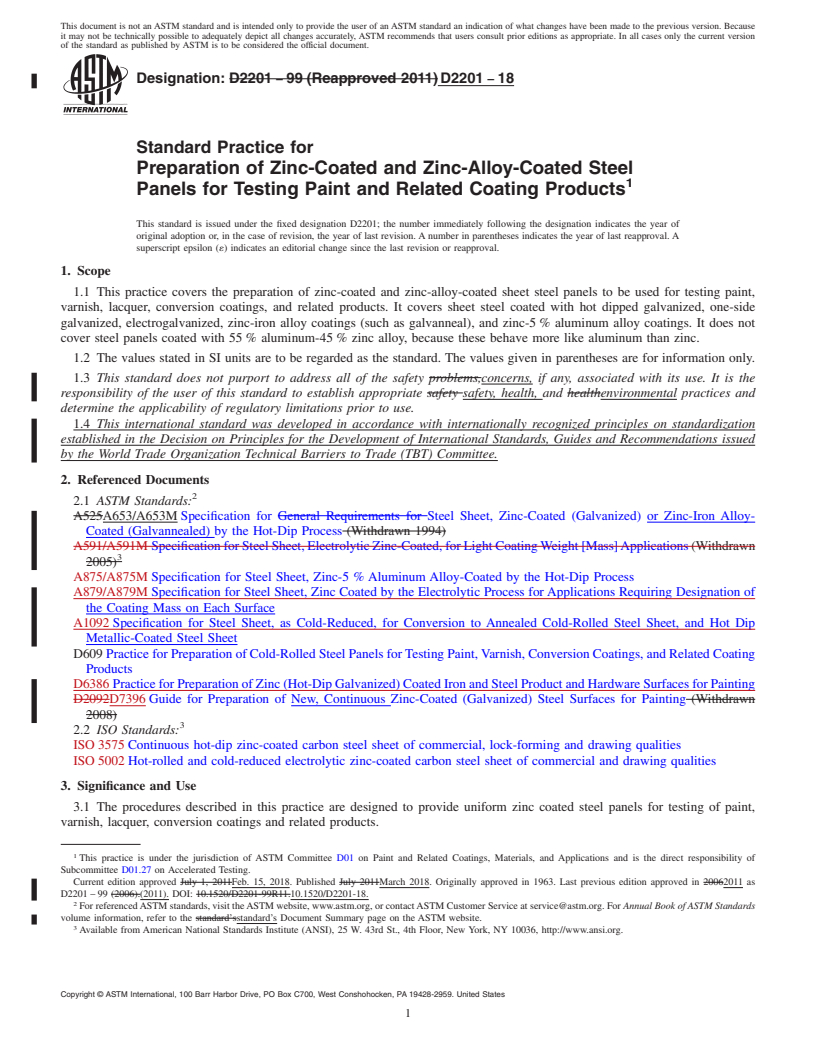 REDLINE ASTM D2201-18 - Standard Practice for Preparation of Zinc-Coated and Zinc-Alloy-Coated Steel Panels   for Testing   Paint and Related Coating Products