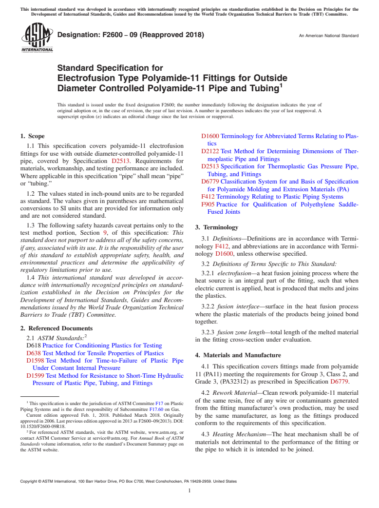 ASTM F2600-09(2018) - Standard Specification for  Electrofusion Type Polyamide-11 Fittings for Outside Diameter  Controlled Polyamide-11 Pipe and Tubing