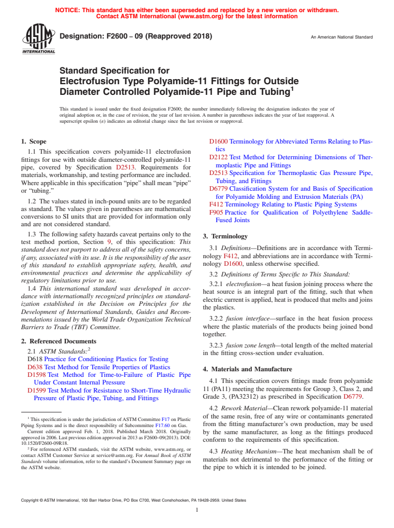 ASTM F2600-09(2018) - Standard Specification for  Electrofusion Type Polyamide-11 Fittings for Outside Diameter  Controlled Polyamide-11 Pipe and Tubing