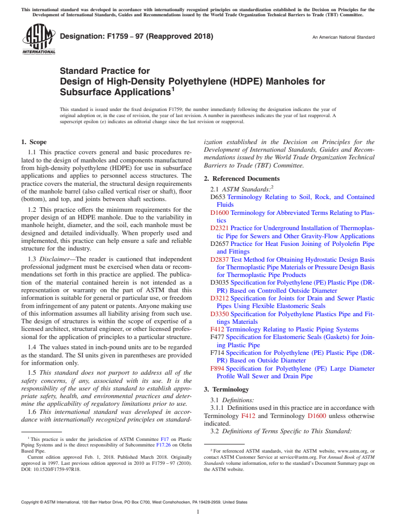 ASTM F1759-97(2018) - Standard Practice for  Design of High-Density Polyethylene (HDPE) Manholes for Subsurface  Applications