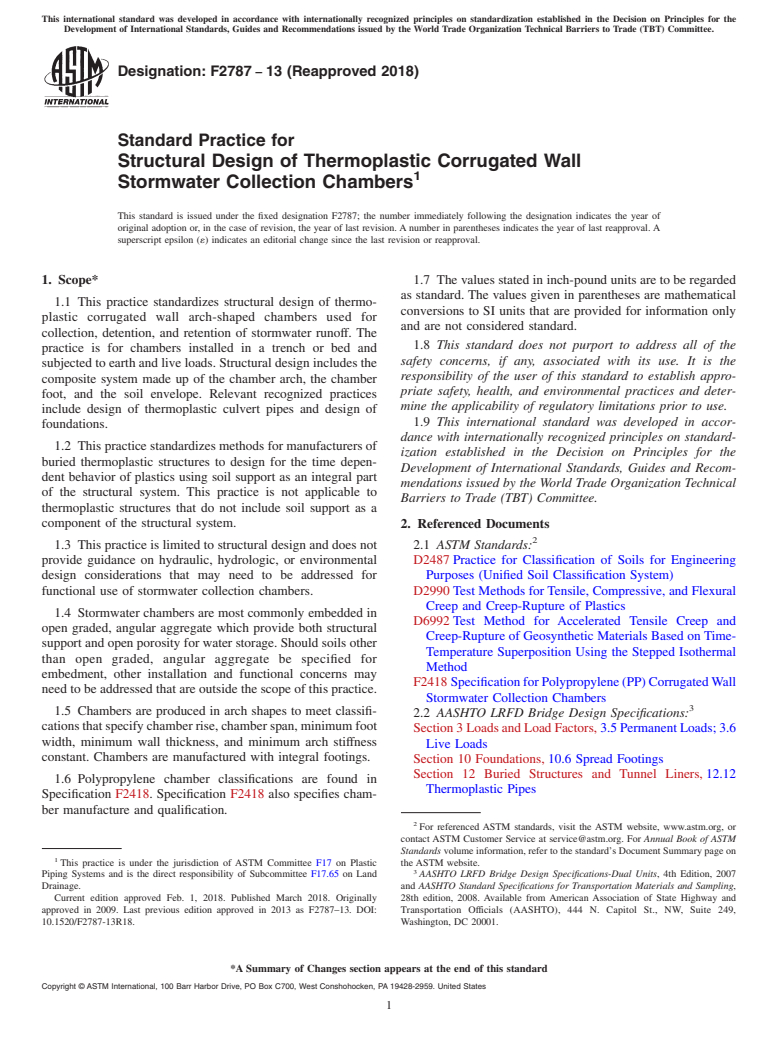 ASTM F2787-13(2018) - Standard Practice for  Structural Design of Thermoplastic Corrugated Wall Stormwater   Collection Chambers