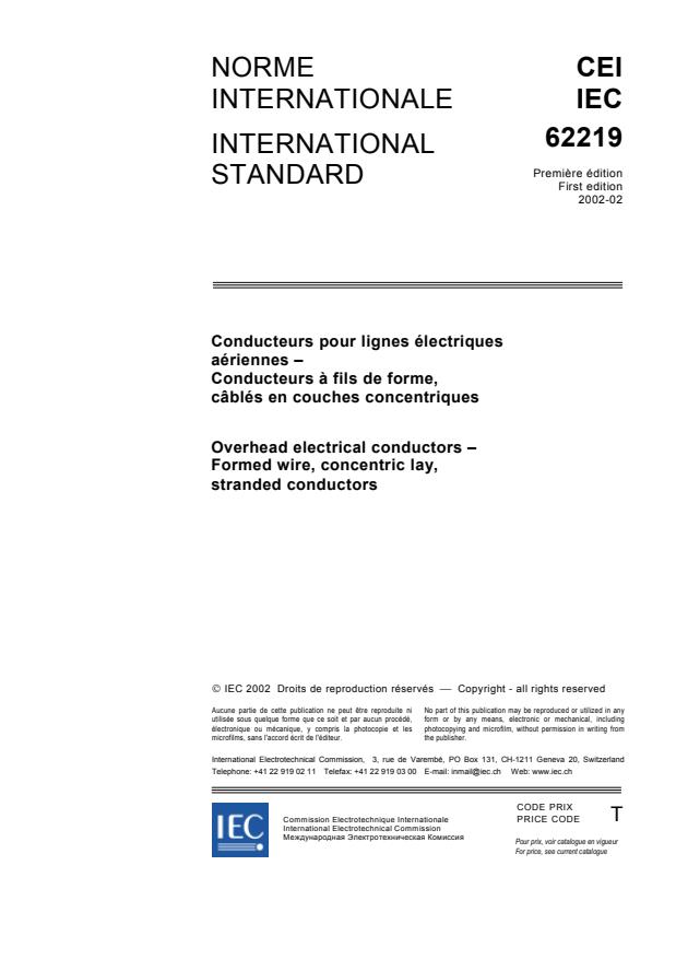IEC 62219:2002 - Overhead electrical conductors - Formed wire, concentric lay, stranded conductors