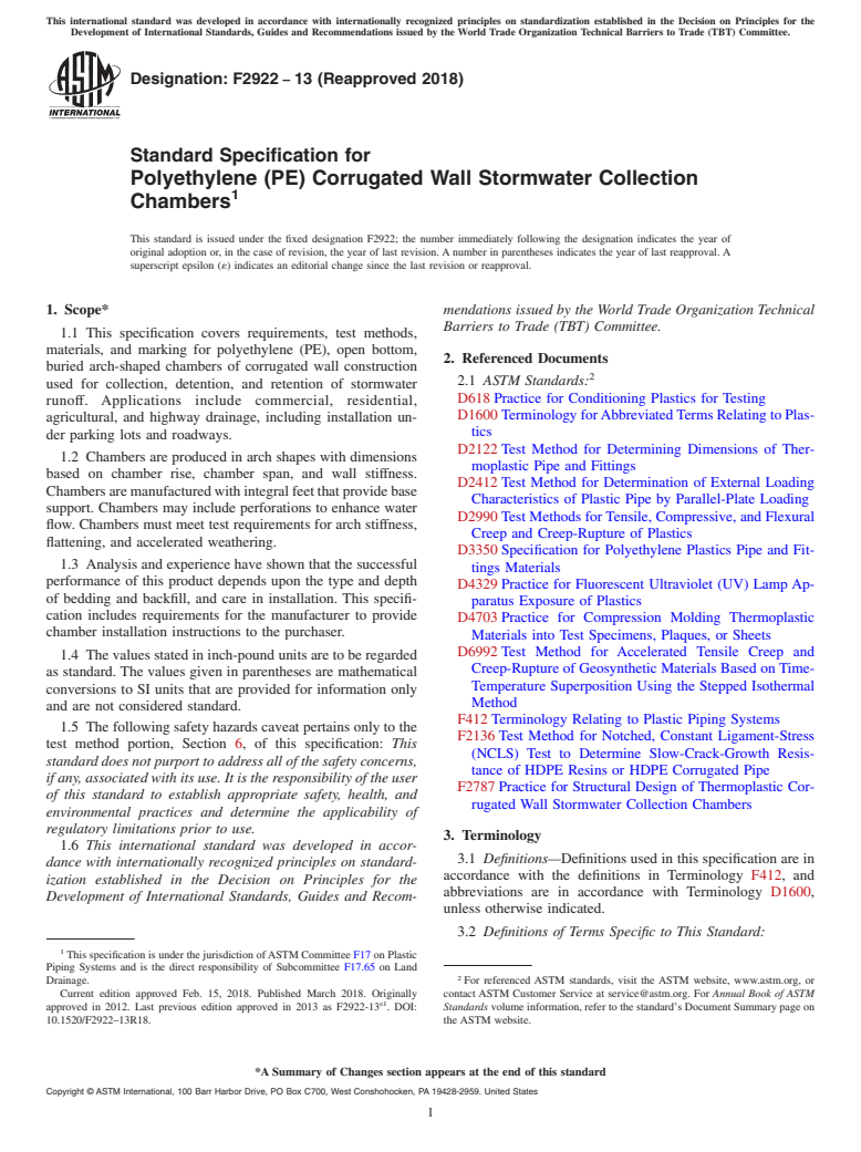 ASTM F2922-13(2018) - Standard Specification for  Polyethylene (PE) Corrugated Wall Stormwater Collection Chambers