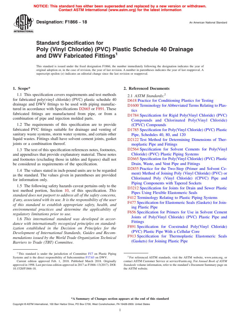 ASTM F1866-18 - Standard Specification for  Poly (Vinyl Chloride) (PVC) Plastic Schedule 40 Drainage and   DWV Fabricated Fittings