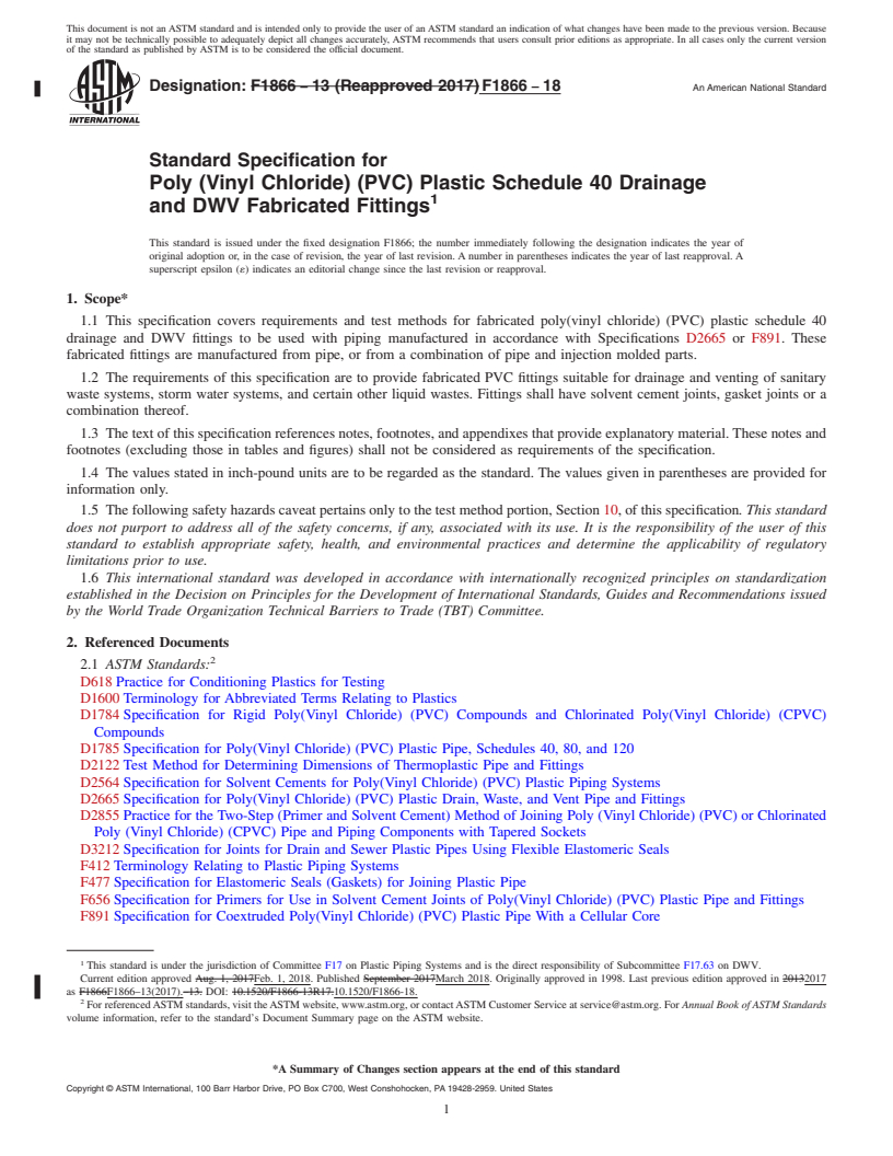 REDLINE ASTM F1866-18 - Standard Specification for  Poly (Vinyl Chloride) (PVC) Plastic Schedule 40 Drainage and   DWV Fabricated Fittings