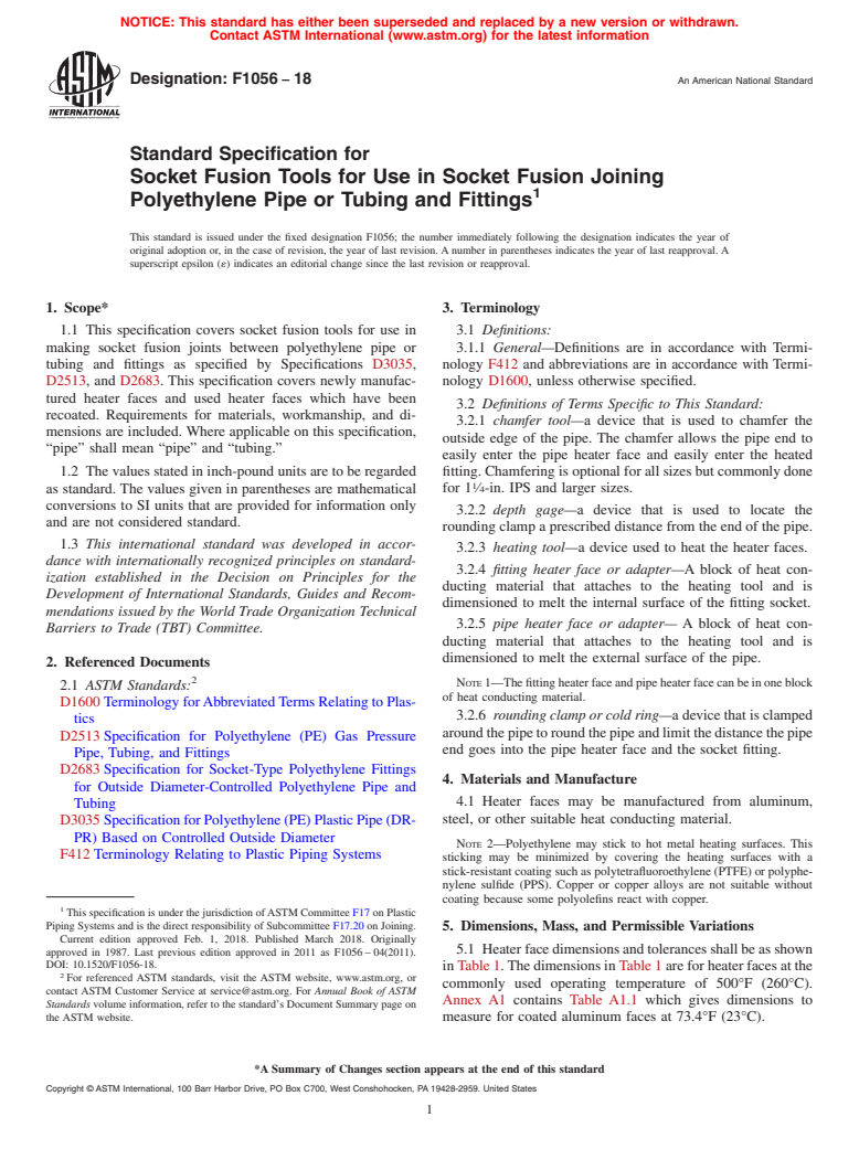 ASTM F1056-18 - Standard Specification for  Socket Fusion Tools for Use in Socket Fusion Joining Polyethylene   Pipe or Tubing and Fittings