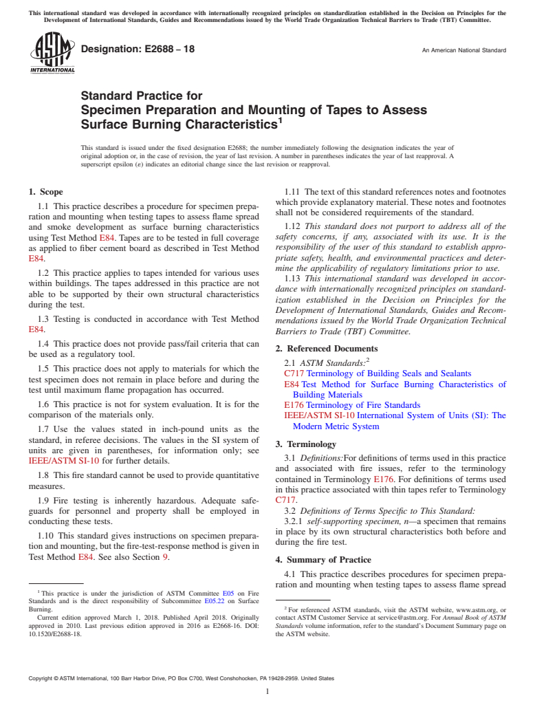 ASTM E2688-18 - Standard Practice for  Specimen Preparation and Mounting of Tapes to Assess Surface  Burning Characteristics